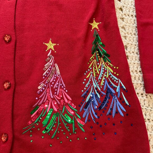 Quacker Factory Red Embroidered Sequin & Stud Tree Button Front Cardigan XXS - Picture 6 of 9